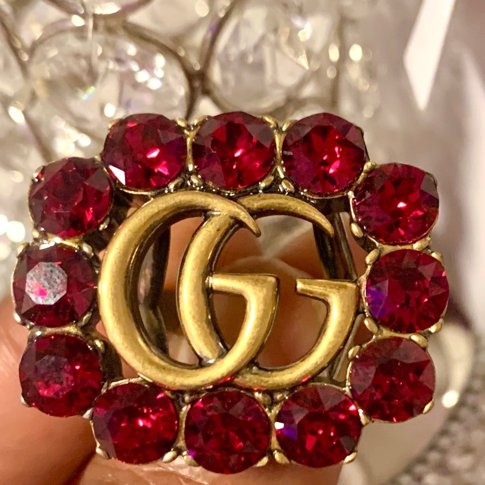 💖💯🆕Gucci Marmont Double G Pink Crystal Ring in Gold